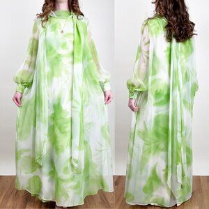 Vintage Union Made 70's Chiffon Kaftan Maxi Dress Hippie Boho Bohemian Shift 70s